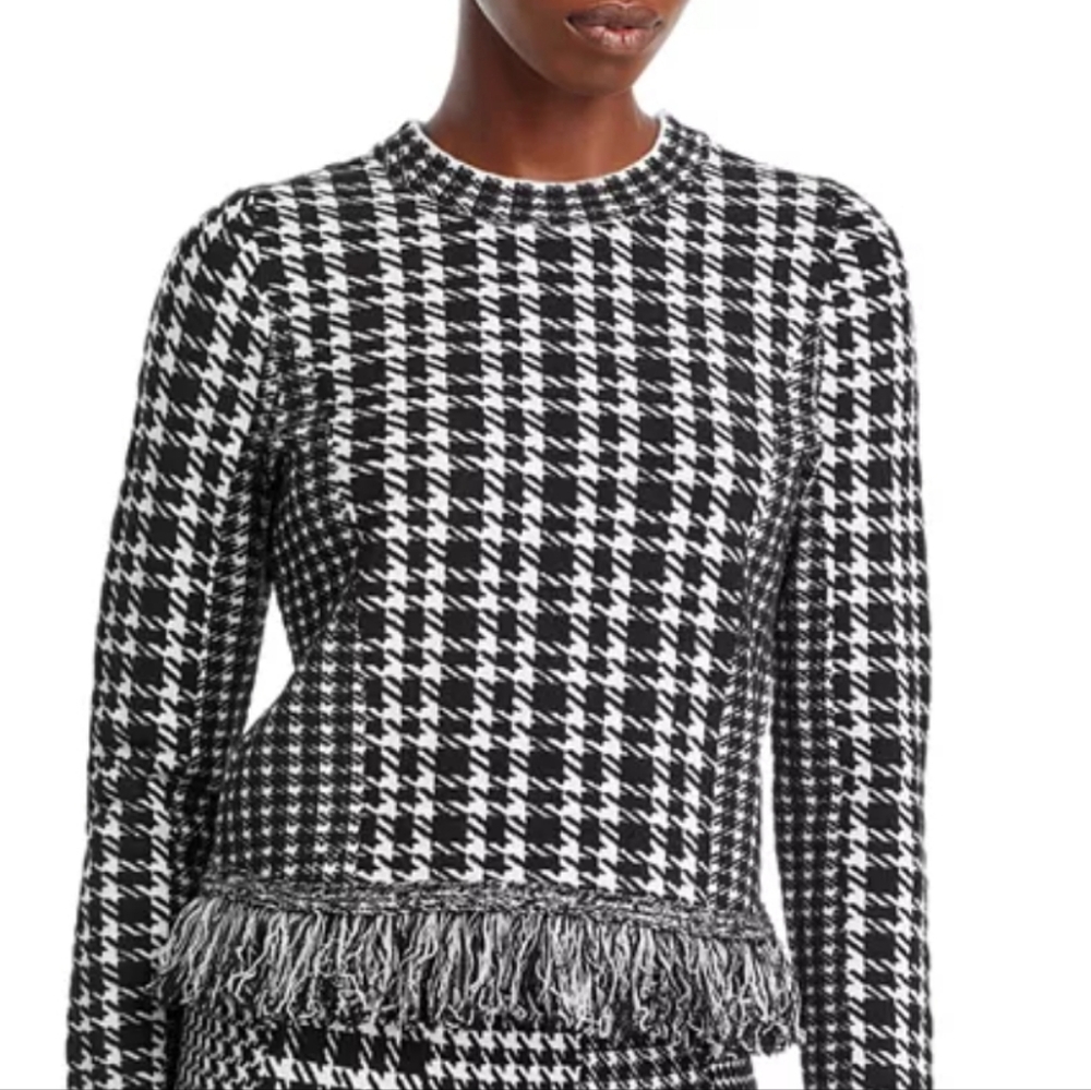MILLY Checkered Black and White Houndstooth Fringe Detail Sweater Sz XL